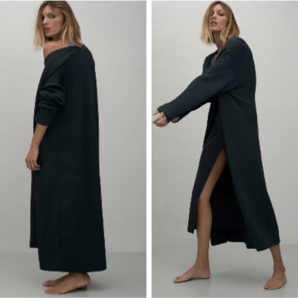 Zara Slate Navy Blue Long Knit Duster Open Cardigan Sweater Size Large